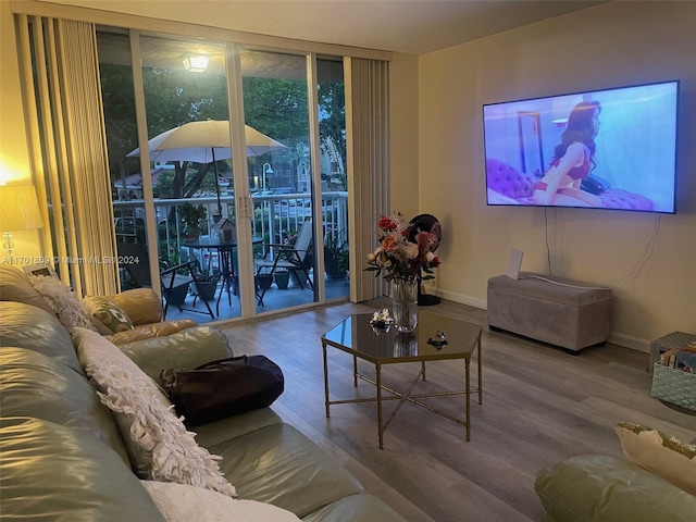 living room featuring a wall of windows and hardwood / wood-style flooring