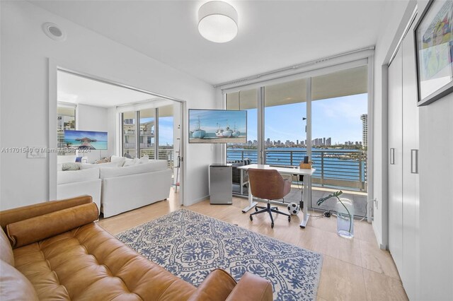 office with light hardwood / wood-style floors and a wall of windows