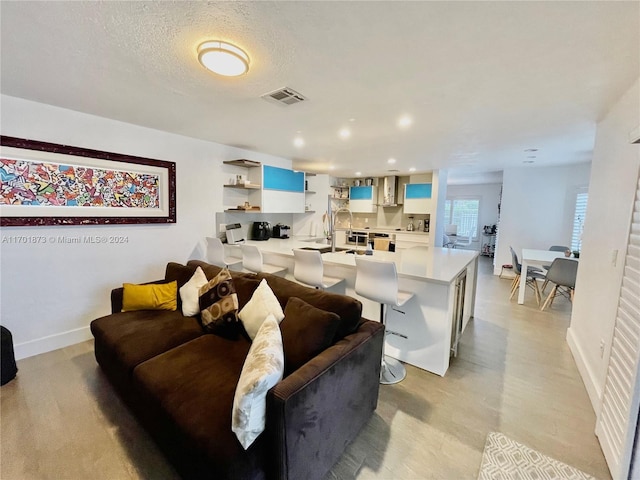 living room with a textured ceiling