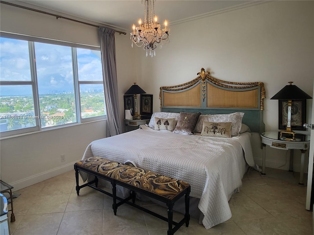 tiled bedroom with an inviting chandelier and crown molding