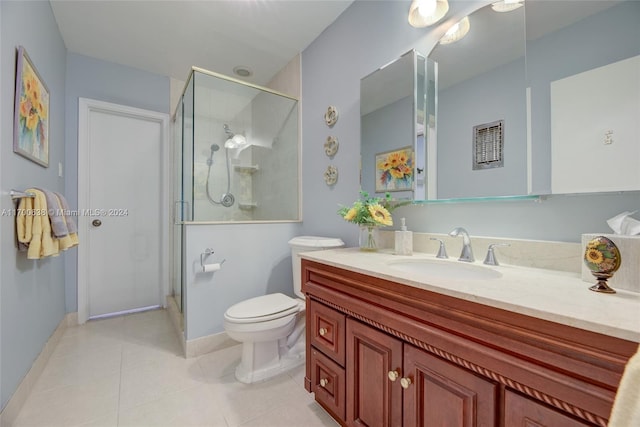 bathroom with tile patterned flooring, vanity, toilet, and a shower with door