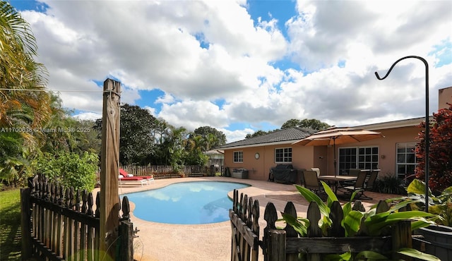 view of swimming pool with a grill and a patio area