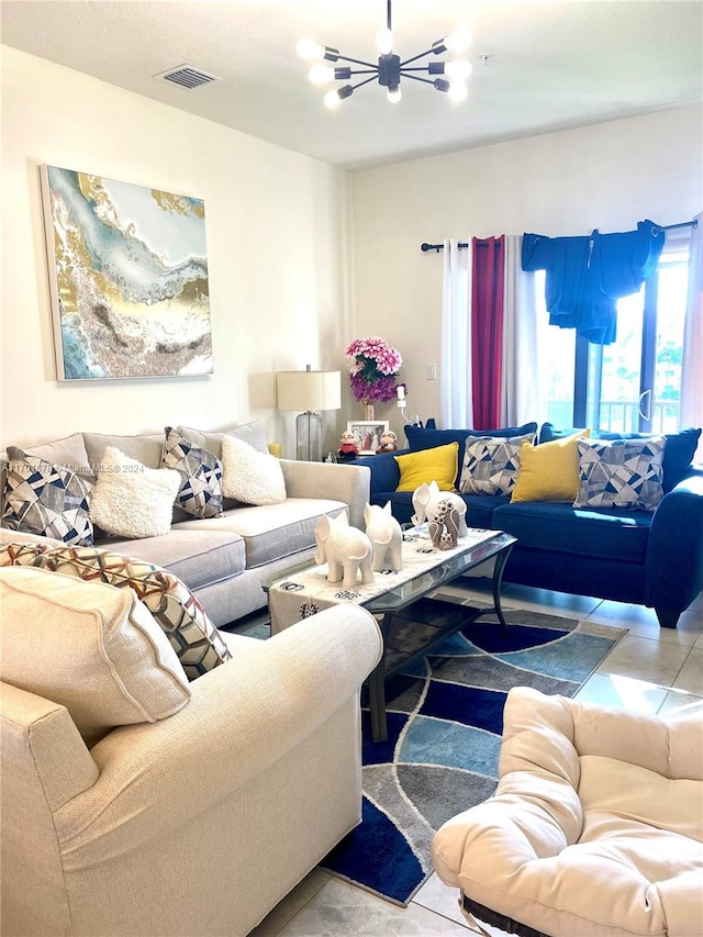 living room featuring a chandelier