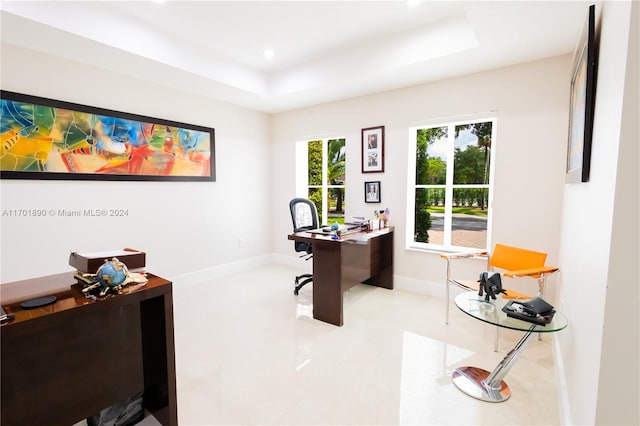 office area featuring a raised ceiling