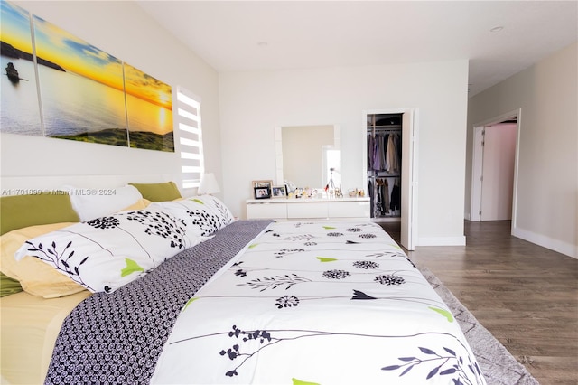 bedroom with a spacious closet, a closet, and wood-type flooring