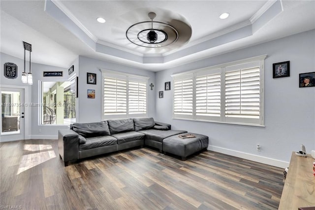 living room featuring a raised ceiling, crown molding, and dark hardwood / wood-style floors