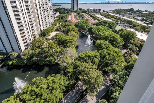 drone / aerial view featuring a water view