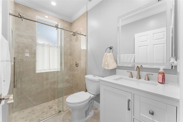 bathroom featuring walk in shower, toilet, crown molding, vanity, and tile patterned flooring