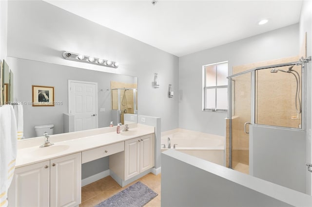 full bathroom with toilet, tile patterned floors, shower with separate bathtub, and vanity