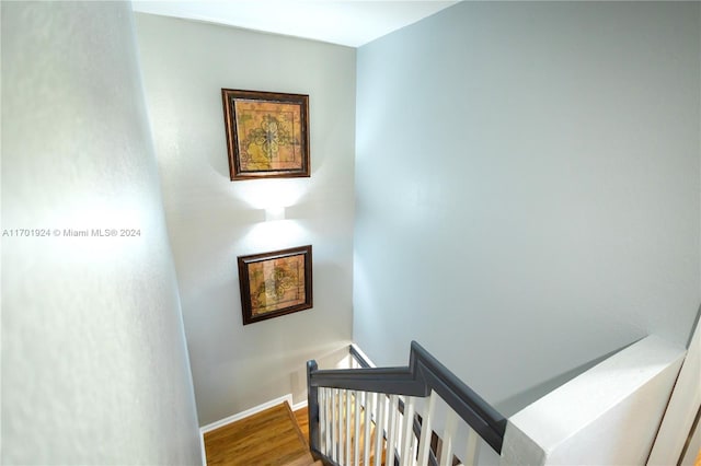 staircase with hardwood / wood-style floors