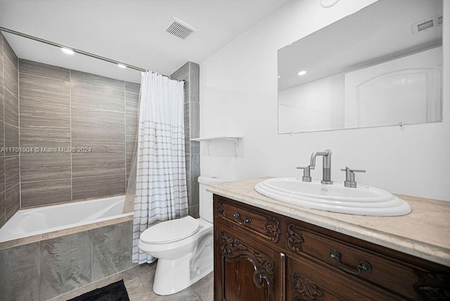 full bathroom featuring vanity, tile patterned flooring, shower / bathtub combination with curtain, and toilet