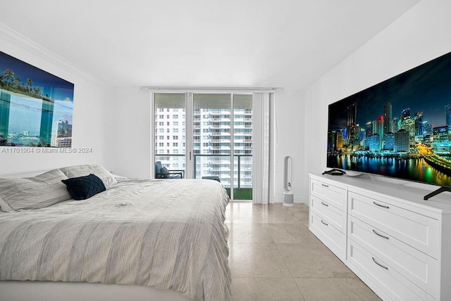 bedroom with access to outside, light tile patterned flooring, and ornamental molding