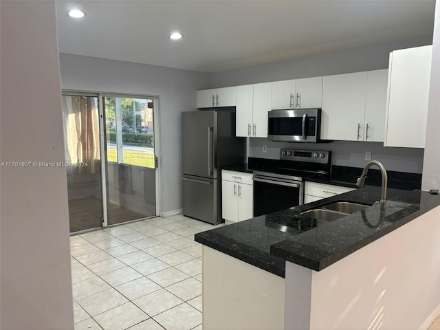 kitchen featuring kitchen peninsula, stainless steel appliances, sink, white cabinets, and light tile patterned flooring