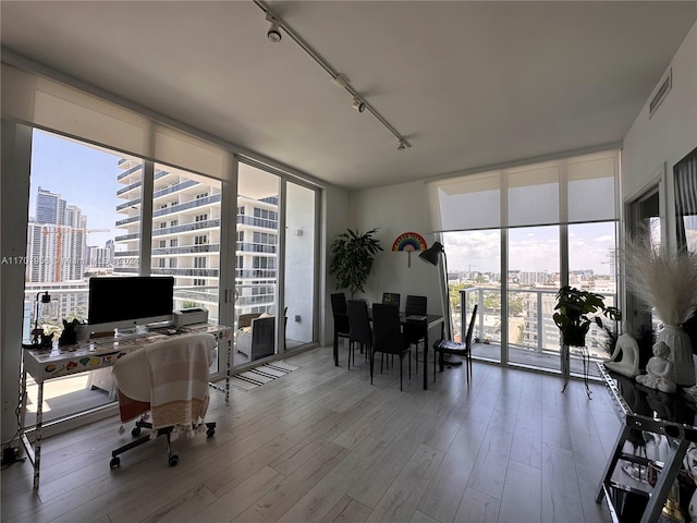 office with expansive windows, rail lighting, hardwood / wood-style flooring, and plenty of natural light