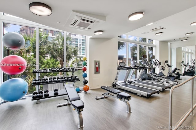 exercise room with a wall mounted air conditioner, hardwood / wood-style flooring, and a wall of windows