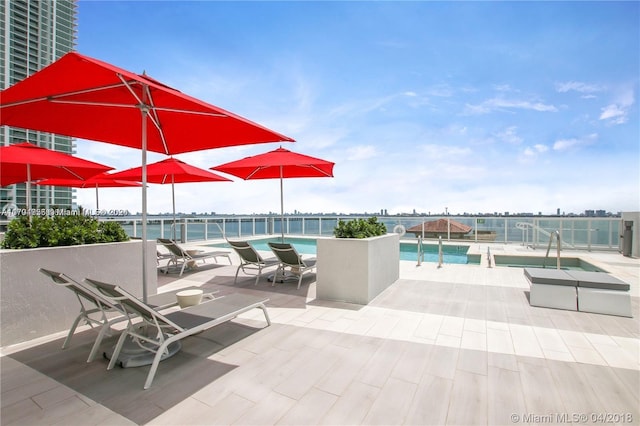 view of patio / terrace with a water view