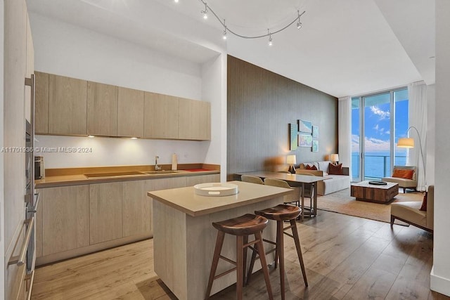 kitchen with sink, a water view, light hardwood / wood-style flooring, a center island, and a breakfast bar area