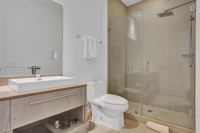 bathroom with tile patterned floors, vanity, toilet, and walk in shower