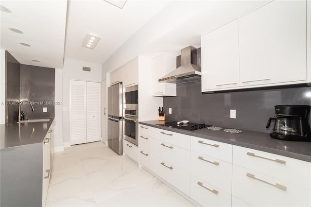 kitchen featuring wall chimney range hood, sink, tasteful backsplash, white cabinetry, and stainless steel appliances