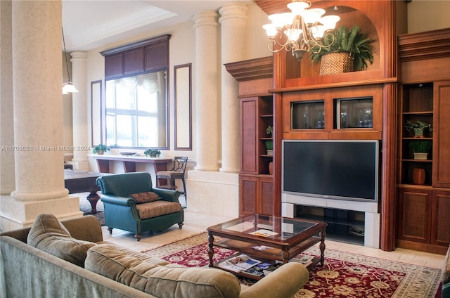 tiled living room with a notable chandelier, ornate columns, and ornamental molding