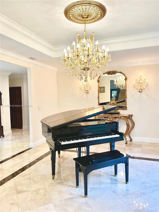 miscellaneous room with crown molding and an inviting chandelier