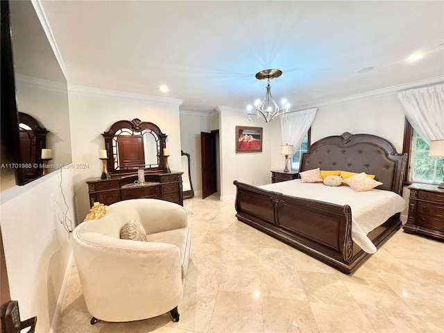 bedroom with a chandelier and crown molding