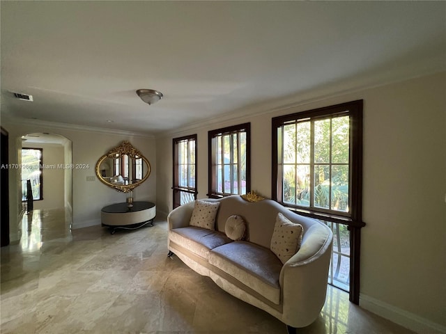 living room featuring crown molding