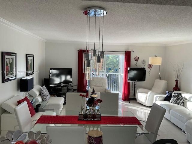 living room featuring ornamental molding and a textured ceiling