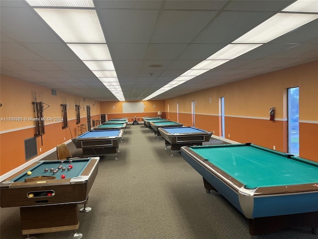 rec room featuring carpet flooring, a paneled ceiling, and billiards