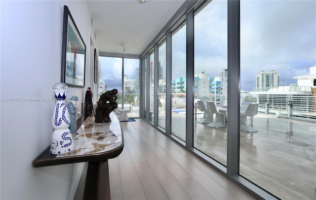 corridor featuring floor to ceiling windows and hardwood / wood-style floors