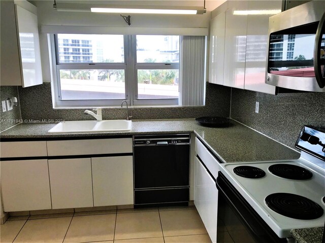 kitchen featuring decorative backsplash, white cabinets, sink, electric stove, and dishwasher