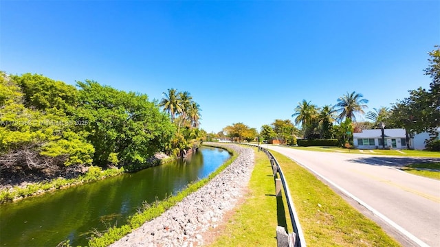 view of road with a water view