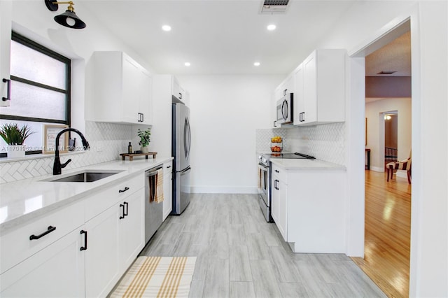 kitchen featuring backsplash, sink, light hardwood / wood-style flooring, appliances with stainless steel finishes, and white cabinetry