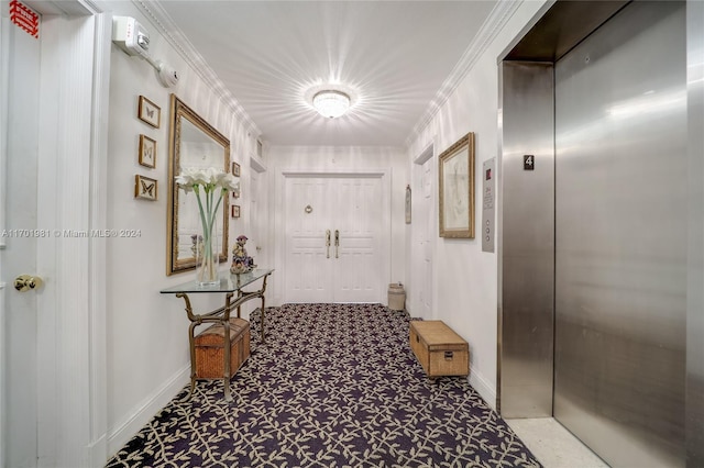 hallway featuring elevator, carpet floors, and ornamental molding