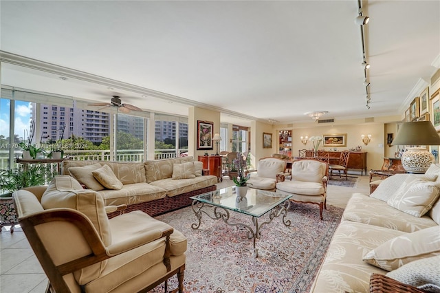 605 Ocean Dr Unit 4L, Key Biscayne, FL 33149 - living room featuring ornamental molding, rail lighting, healthy amount of natural light, light tile patterned floors, and a ceiling fan