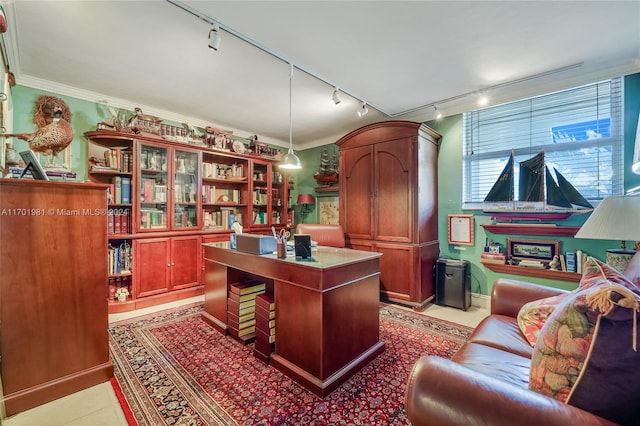 tiled home office with track lighting and ornamental molding