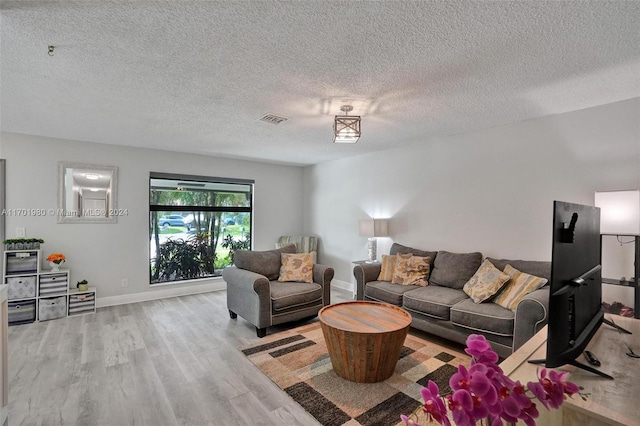 living room featuring light hardwood / wood-style floors and a textured ceiling