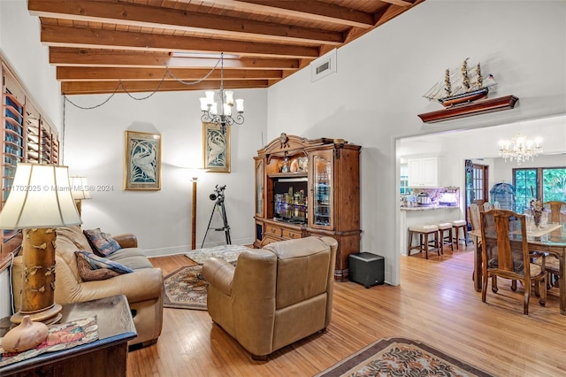 living room featuring a chandelier, a wealth of natural light, beamed ceiling, and light hardwood / wood-style floors