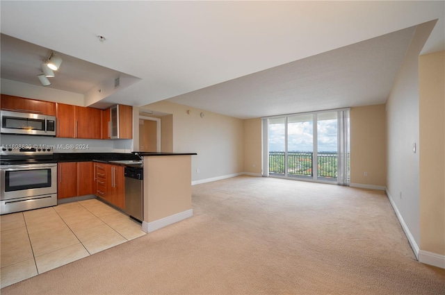 kitchen featuring light carpet, stainless steel appliances, and sink