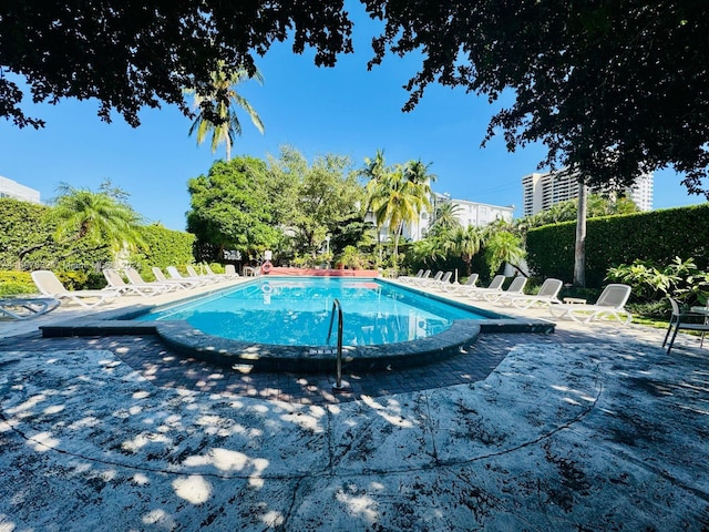 view of swimming pool with a patio area