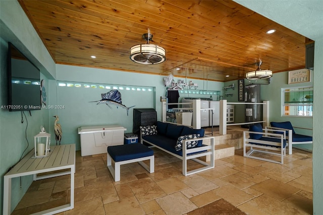 interior space featuring pendant lighting and wood ceiling