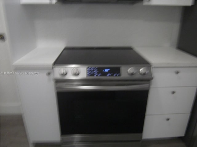 interior details featuring white cabinetry and stainless steel range with electric cooktop