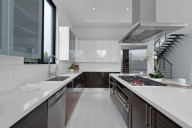 kitchen featuring island range hood, sink, dark brown cabinets, and appliances with stainless steel finishes