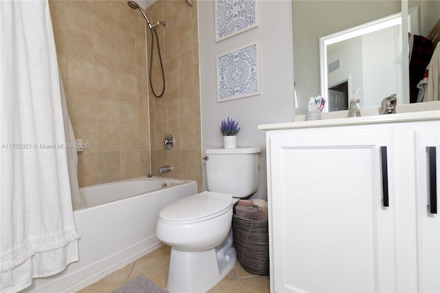 full bathroom featuring tile patterned flooring, shower / tub combo, vanity, and toilet