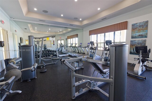 gym featuring a raised ceiling