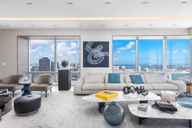 living room featuring a water view