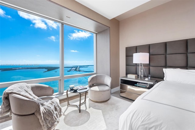 bedroom featuring a water view