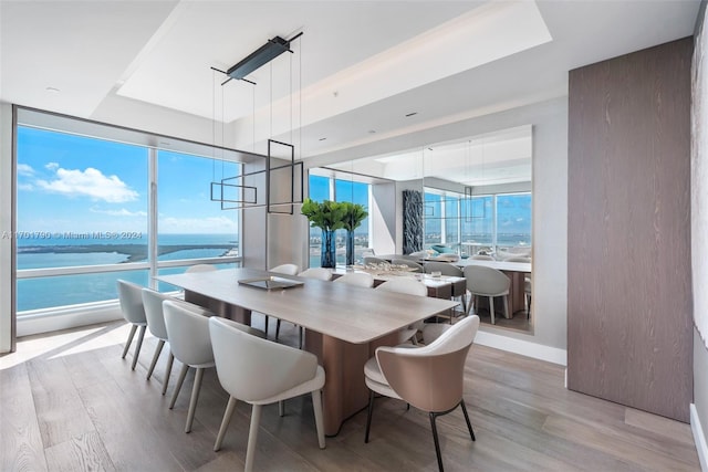 dining room featuring light wood-type flooring, a water view, floor to ceiling windows, and a tray ceiling