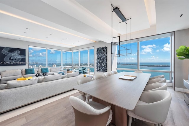 dining area with light wood-type flooring, a water view, and a healthy amount of sunlight