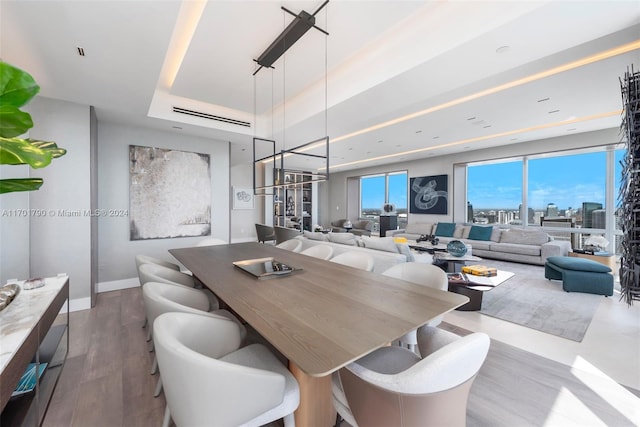 dining room with a tray ceiling and hardwood / wood-style flooring